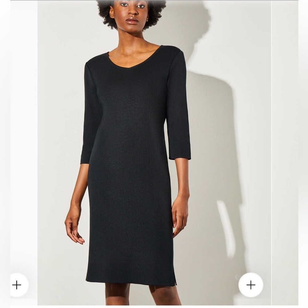 Ming Wang 3/4 Sleeve V-Neck Knit Dress, Black Large